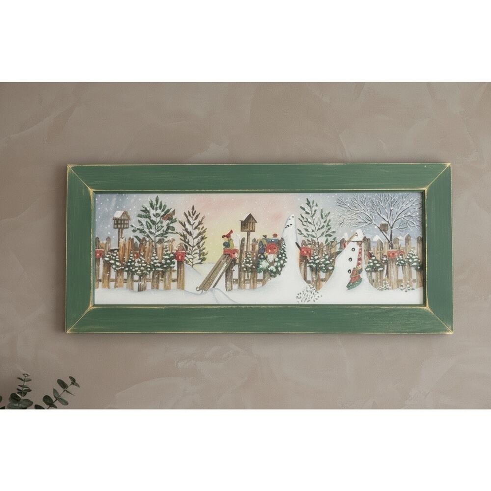 Vtg Framed Snowman Winter Folk Art Print L Spivey Christmas Winter 20” x 8.75”